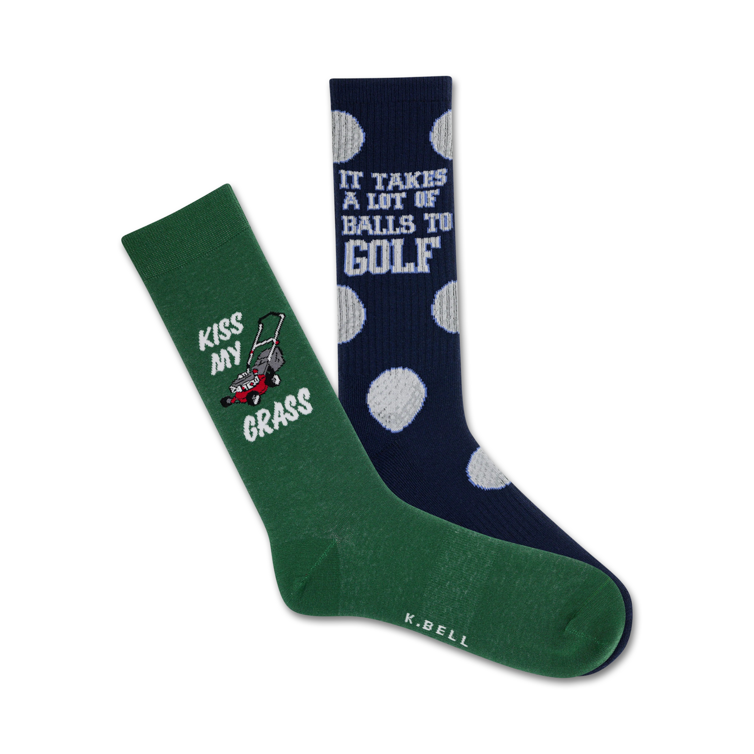 Two crew socks; one dark green with a lawnmower graphic and 'Kiss My Grass', the other navy blue with white golf ball polka dots and the text 'It Takes A Lot Of Balls To Golf'.