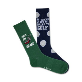 green "kiss my grass" and navy blue with polka dots crew socks featuring golf lawn mower and "it takes a lot of balls to golf" text.   