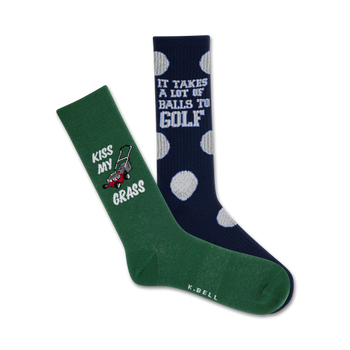 green "kiss my grass" and navy blue with polka dots crew socks featuring golf lawn mower and "it takes a lot of balls to golf" text.   