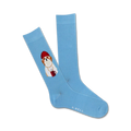 A pair of light blue crew socks with an embroidered image of a Shih Tzu dog wearing a red beanie and holding a red mug.