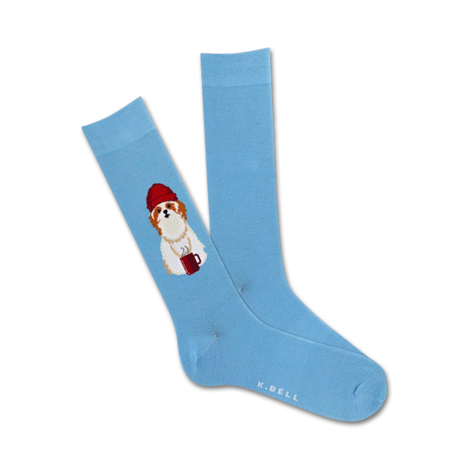 A pair of light blue crew socks with an embroidered image of a Shih Tzu dog wearing a red beanie and holding a red mug.