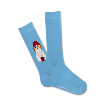 crew-length blue socks featuring a pattern of cartoon shih tzus wearing red hats, white trim, and holding white coffee mugs.  