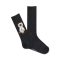 Dark grey crew socks with a graphic of a Siamese cat wearing a gold chain.  The cat is sitting and looking stylish.