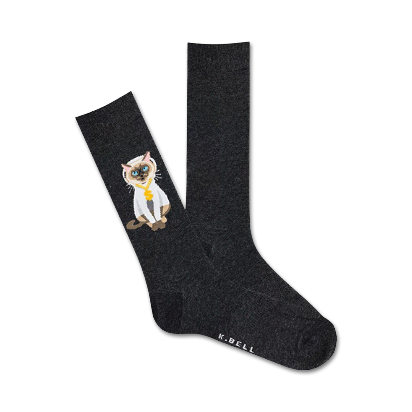 Dark grey crew socks with a graphic of a Siamese cat wearing a gold chain.  The cat is sitting and looking stylish.