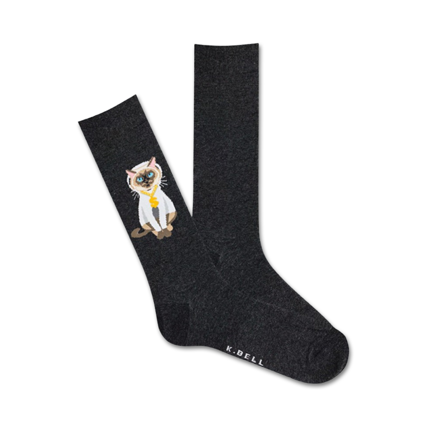 Dark grey crew socks with a graphic of a Siamese cat wearing a gold chain.  The cat is sitting and looking stylish.