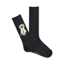 gray crew socks showcasing white cat with gold necklace design.  