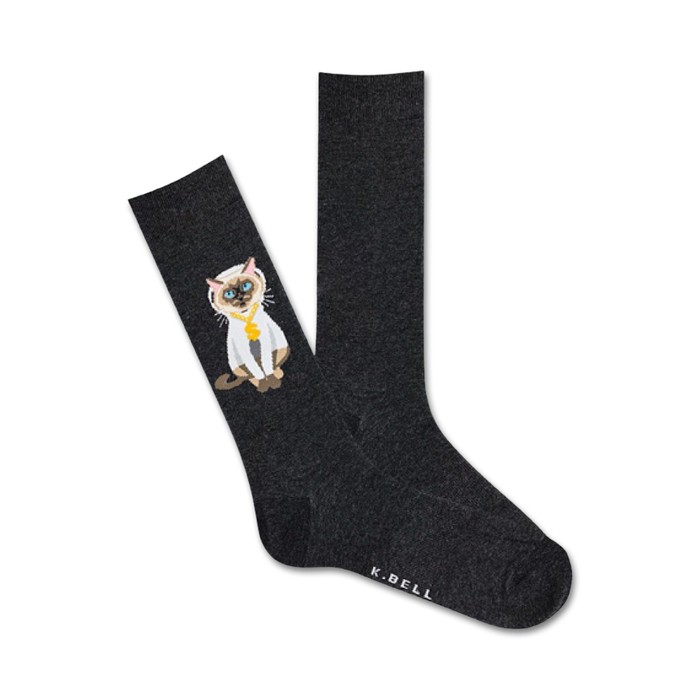 gray crew socks showcasing white cat with gold necklace design.   }}