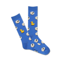 A pair of blue crew socks with a pattern of white sheep and yellow rubber ducks. Fun and quirky!