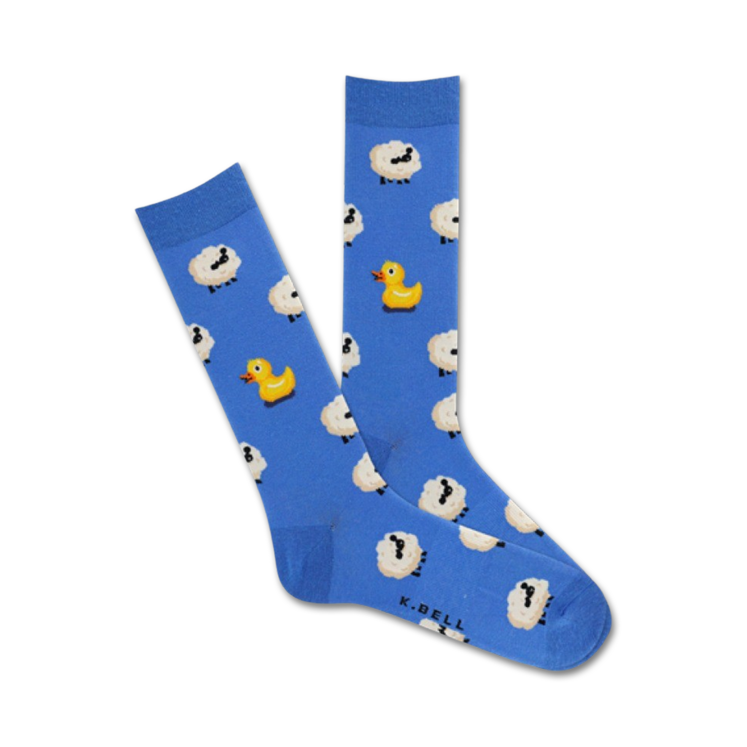 A pair of blue crew socks with a pattern of white sheep and yellow rubber ducks. Fun and quirky!