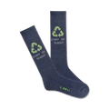 A pair of dark grey crew socks with a light green recycling symbol and the words 'Don't Be Trashy' are displayed.