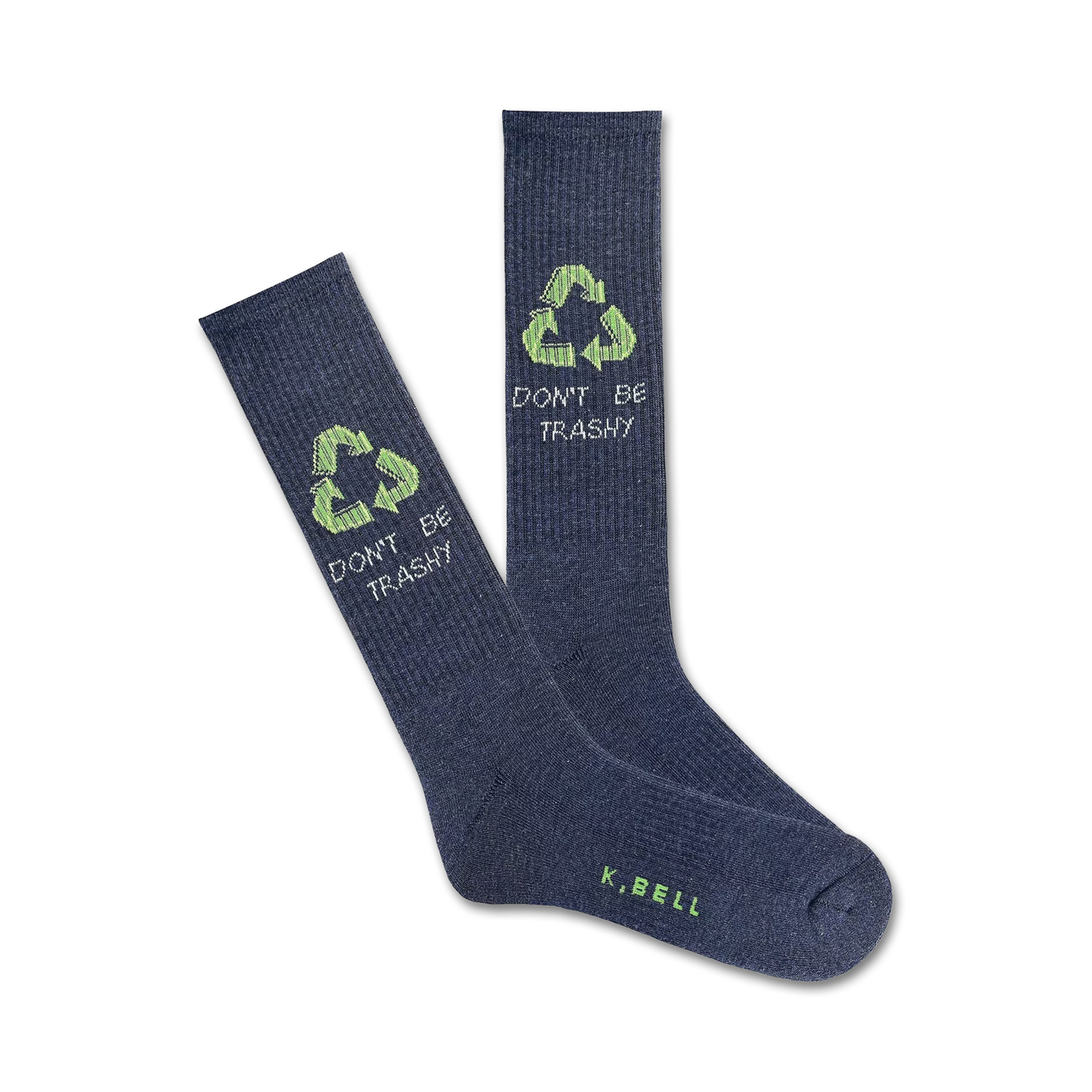 A pair of dark grey crew socks with a light green recycling symbol and the words 'Don't Be Trashy' are displayed.