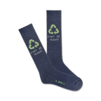 A pair of dark grey crew socks with a light green recycling symbol and the words 'Don't Be Trashy' are displayed.