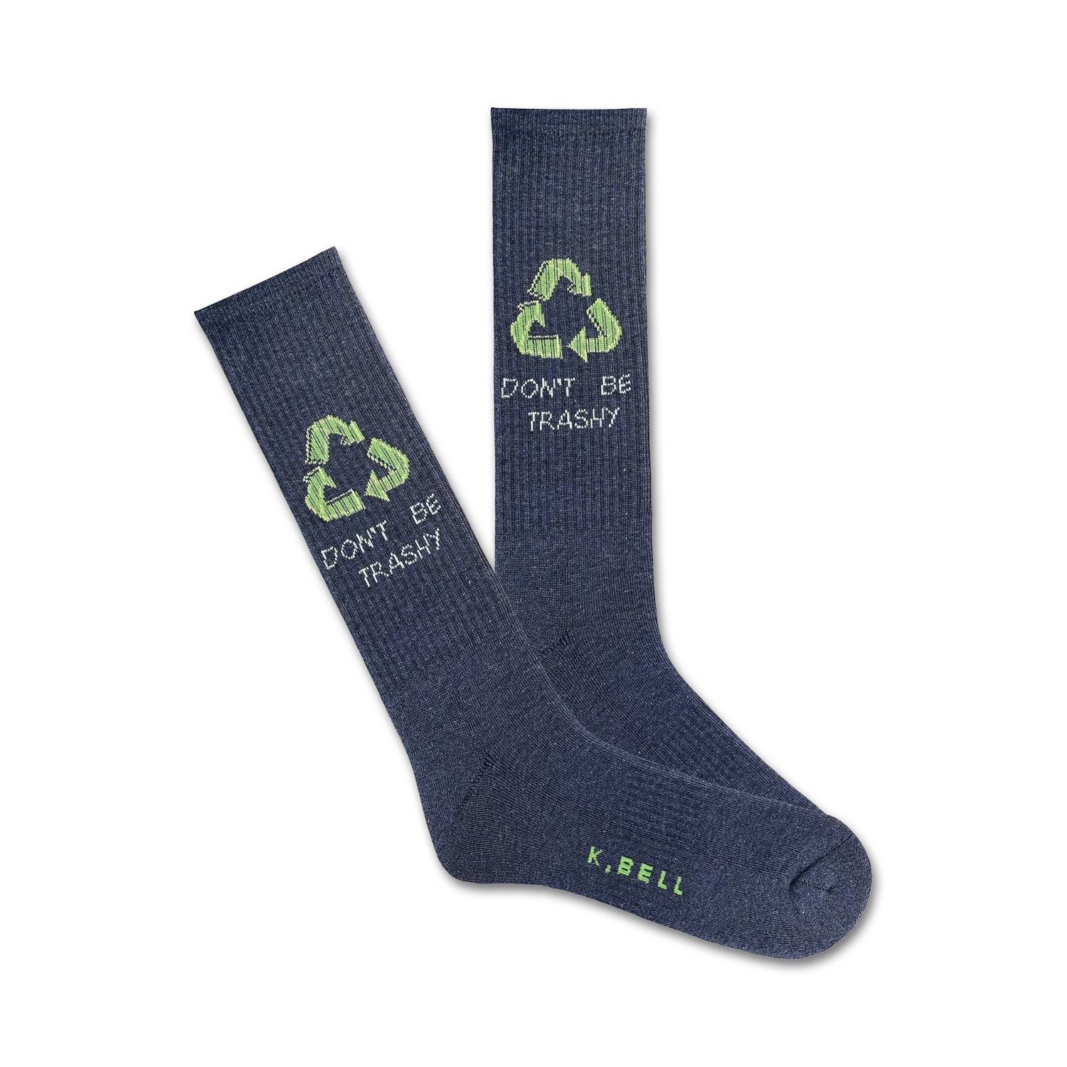 A pair of dark grey crew socks with a light green recycling symbol and the words 'Don't Be Trashy' are displayed.