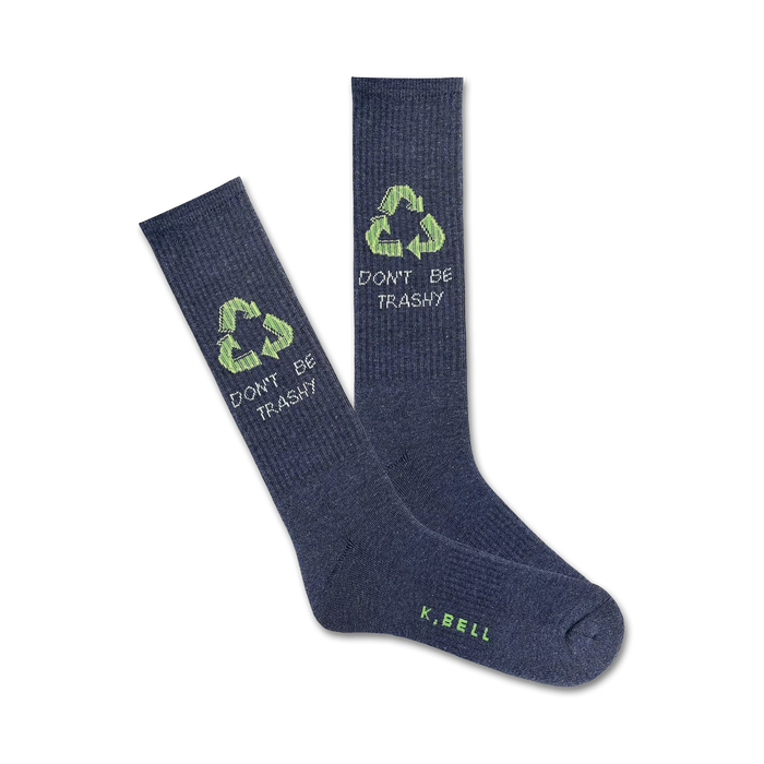 blue socks with green text reading 