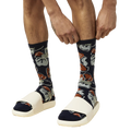Close-up of a person putting on the Tropical Floral socks, showcasing the detail of the print. [lf]