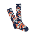 Pair of navy blue crew socks with a repeating pattern of orange and white stylized hibiscus flowers.