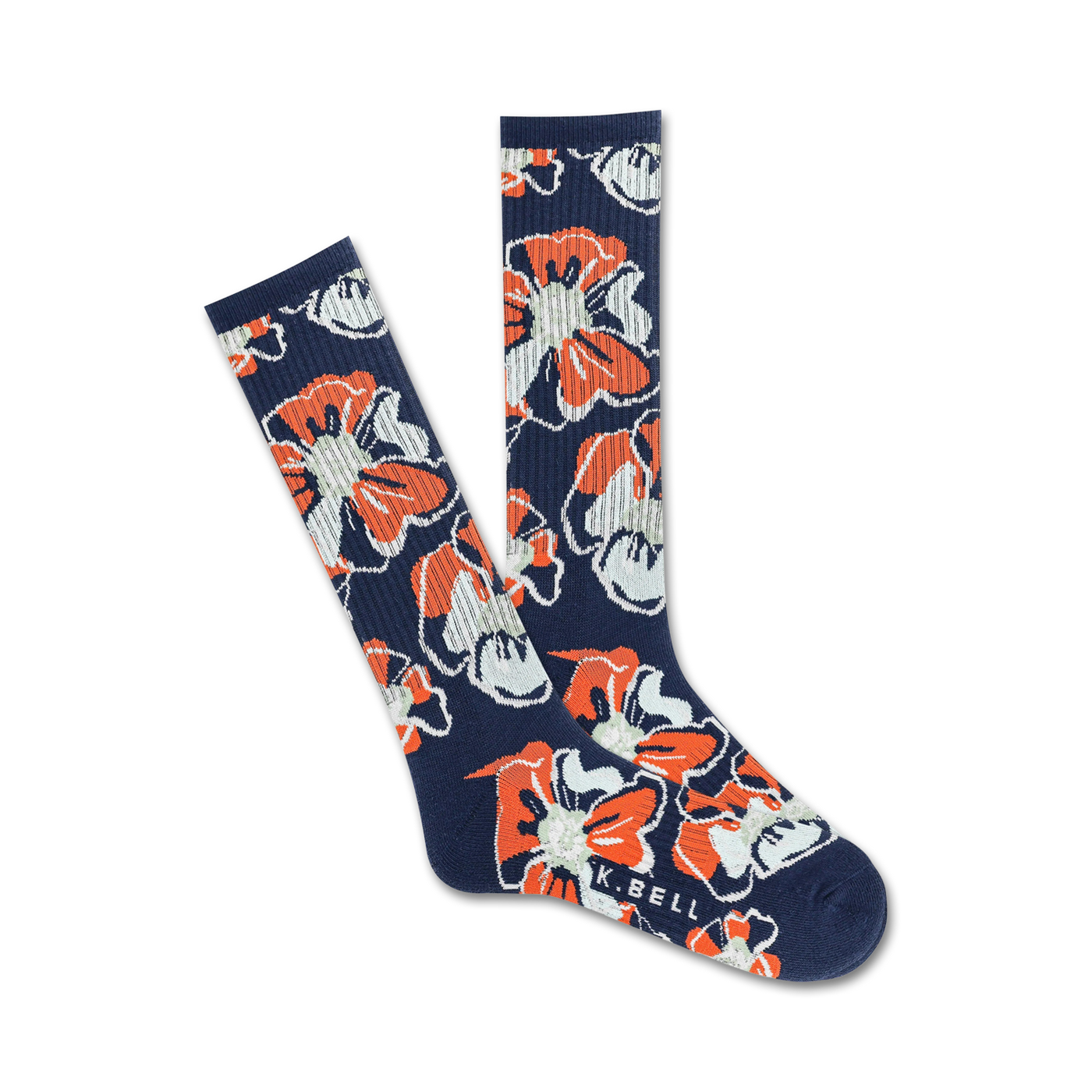 Pair of navy blue crew socks with a repeating pattern of orange and white stylized hibiscus flowers.