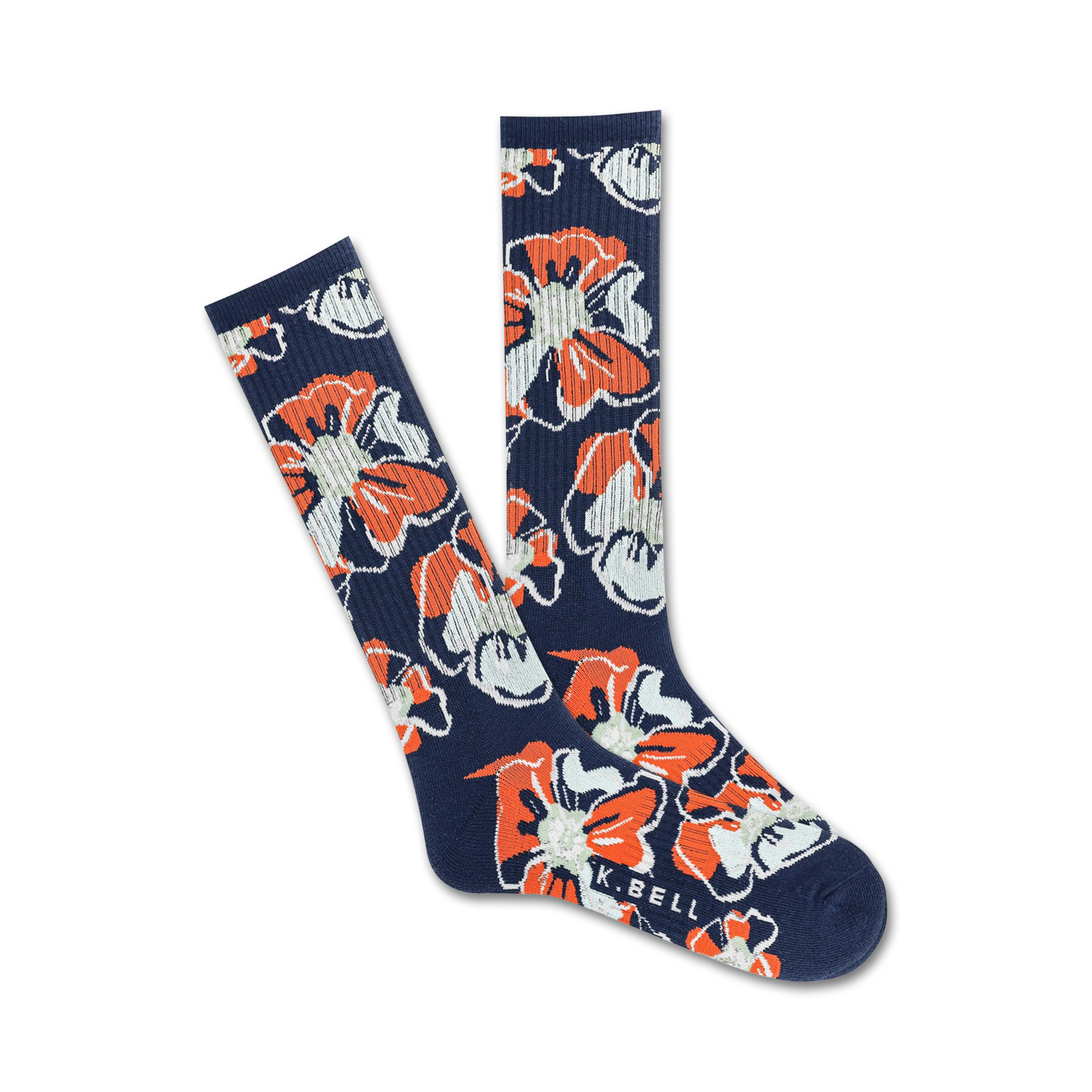 Pair of navy blue crew socks with a repeating pattern of orange and white stylized hibiscus flowers.
