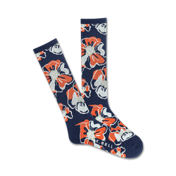 mens dark blue crew socks with orange hibiscus flower pattern.   