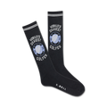 Pair of black crew socks with white and light blue detailing. The design features the text 'World's Okayest Golfer' and a golf ball graphic.