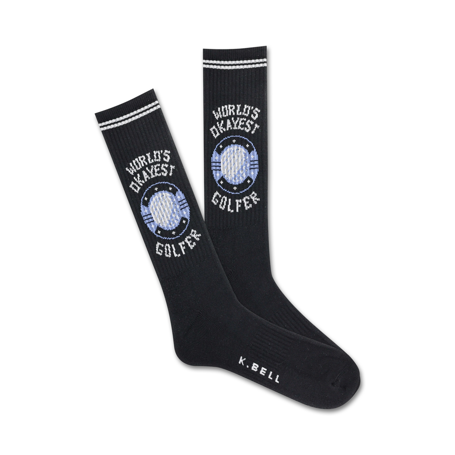 Pair of black crew socks with white and light blue detailing. The design features the text 'World's Okayest Golfer' and a golf ball graphic.