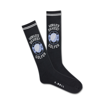 world's okayest golfer crew socks in black with tongue-in-cheek text for the golf enthusiast with a sense of humor.   