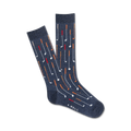 Pair of navy blue crew socks with a pattern of white and orange golf clubs.  Fun, casual style.