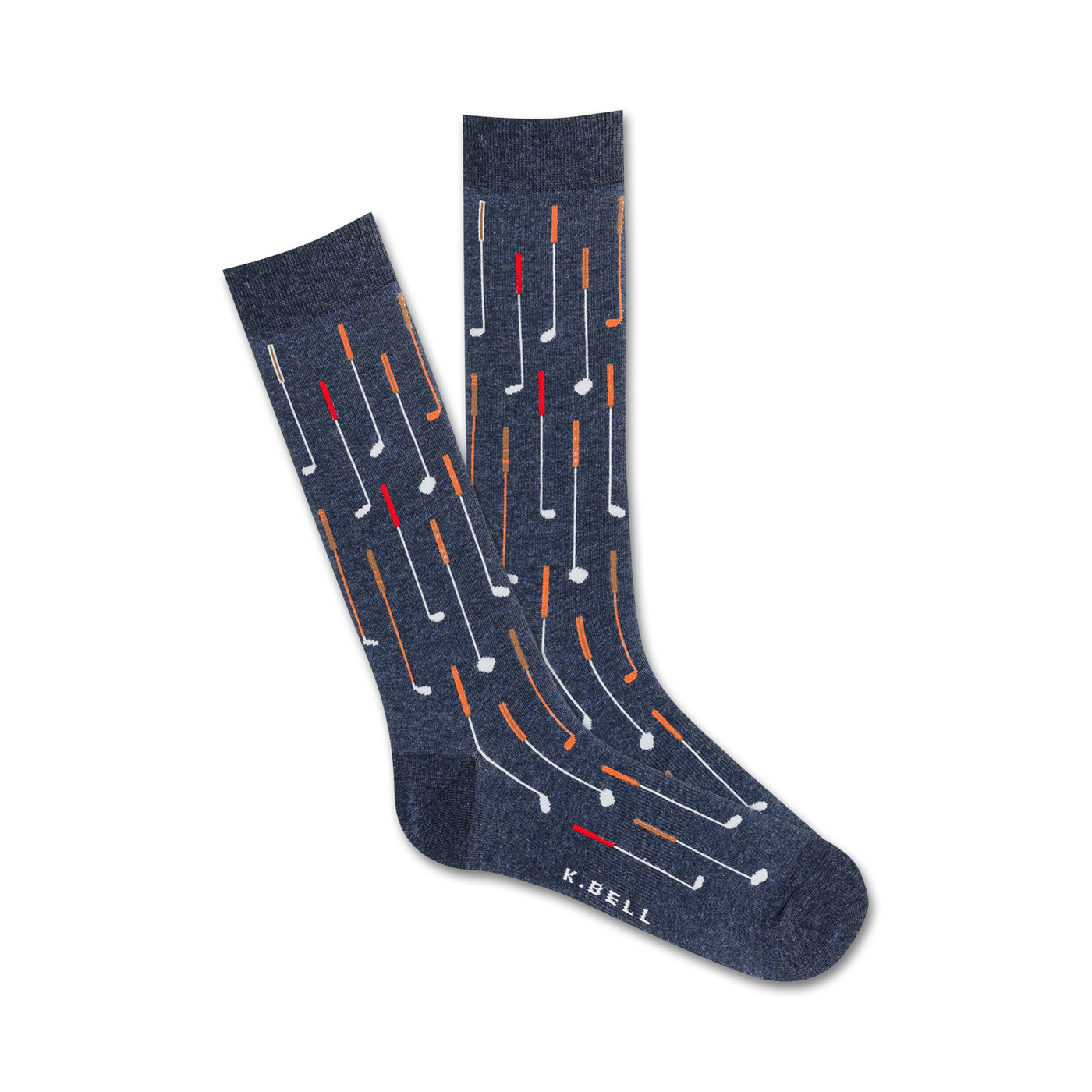 Pair of navy blue crew socks with a pattern of white and orange golf clubs.  Fun, casual style.
