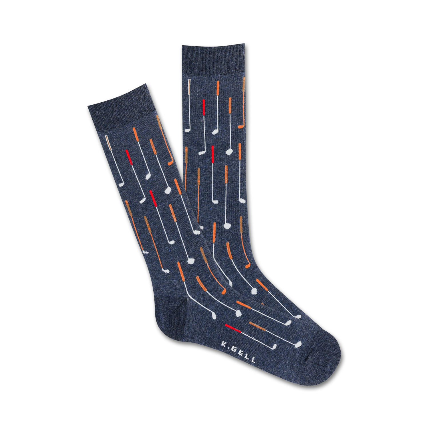 Pair of navy blue crew socks with a pattern of white and orange golf clubs.  Fun, casual style.
