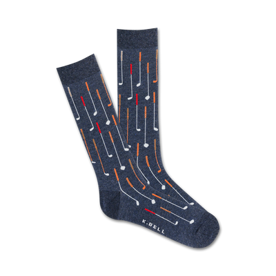 dark blue crew socks with orange and red golf club pattern.   