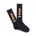 Pair of black crew socks with a yellow and red pixelated 'MVP' graphic and arcade joystick design.