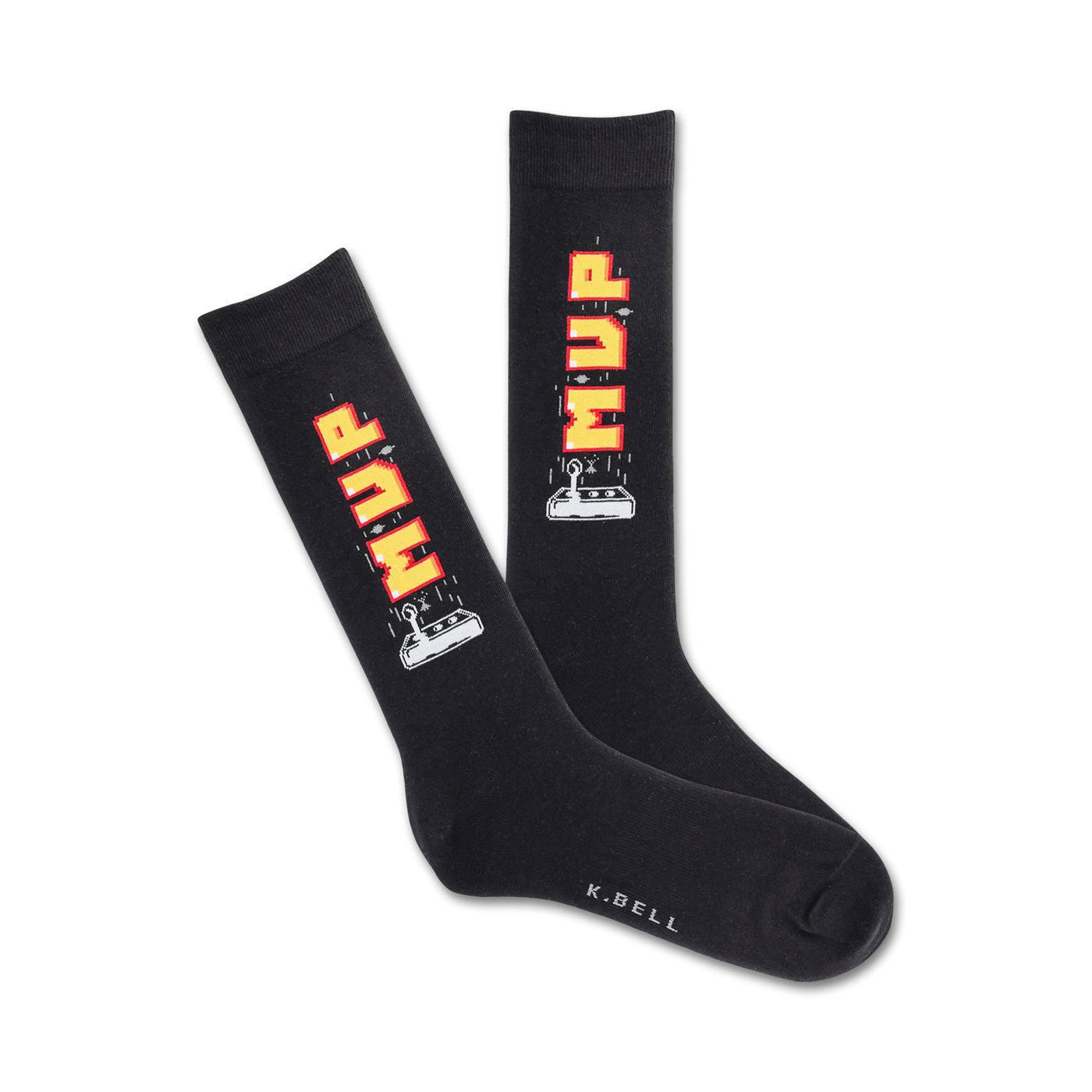Pair of black crew socks with a yellow and red pixelated 'MVP' graphic and arcade joystick design.