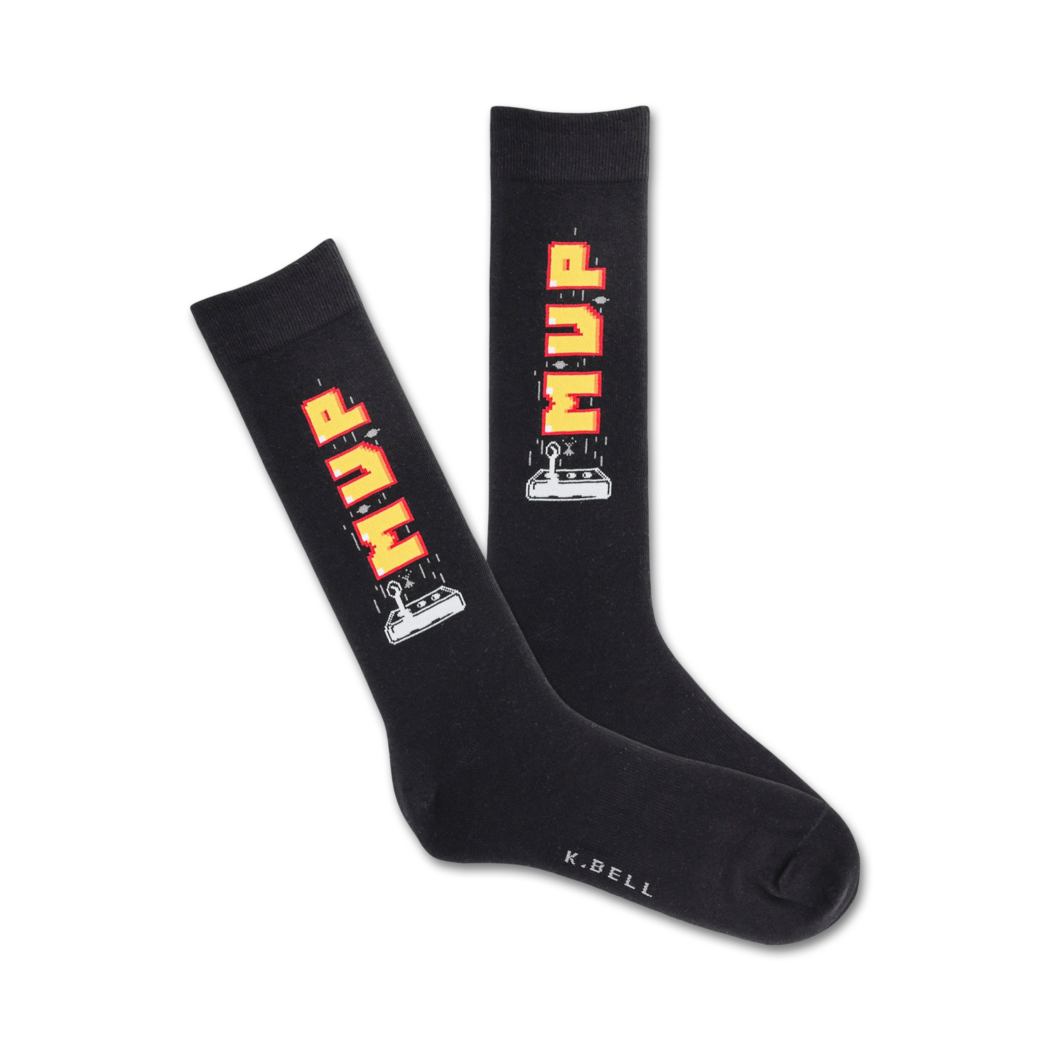 Pair of black crew socks with a yellow and red pixelated 'MVP' graphic and arcade joystick design.