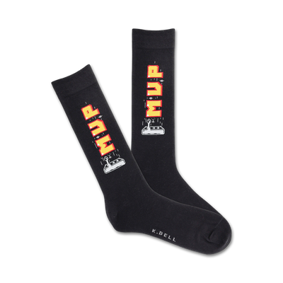 black crew socks with pixelated yellow/red vintage video game controller pattern  .  