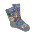 Pair of grey crew socks with a scattered daisy print in pink, blue, and white.  'K.BELL' logo on the ankle.