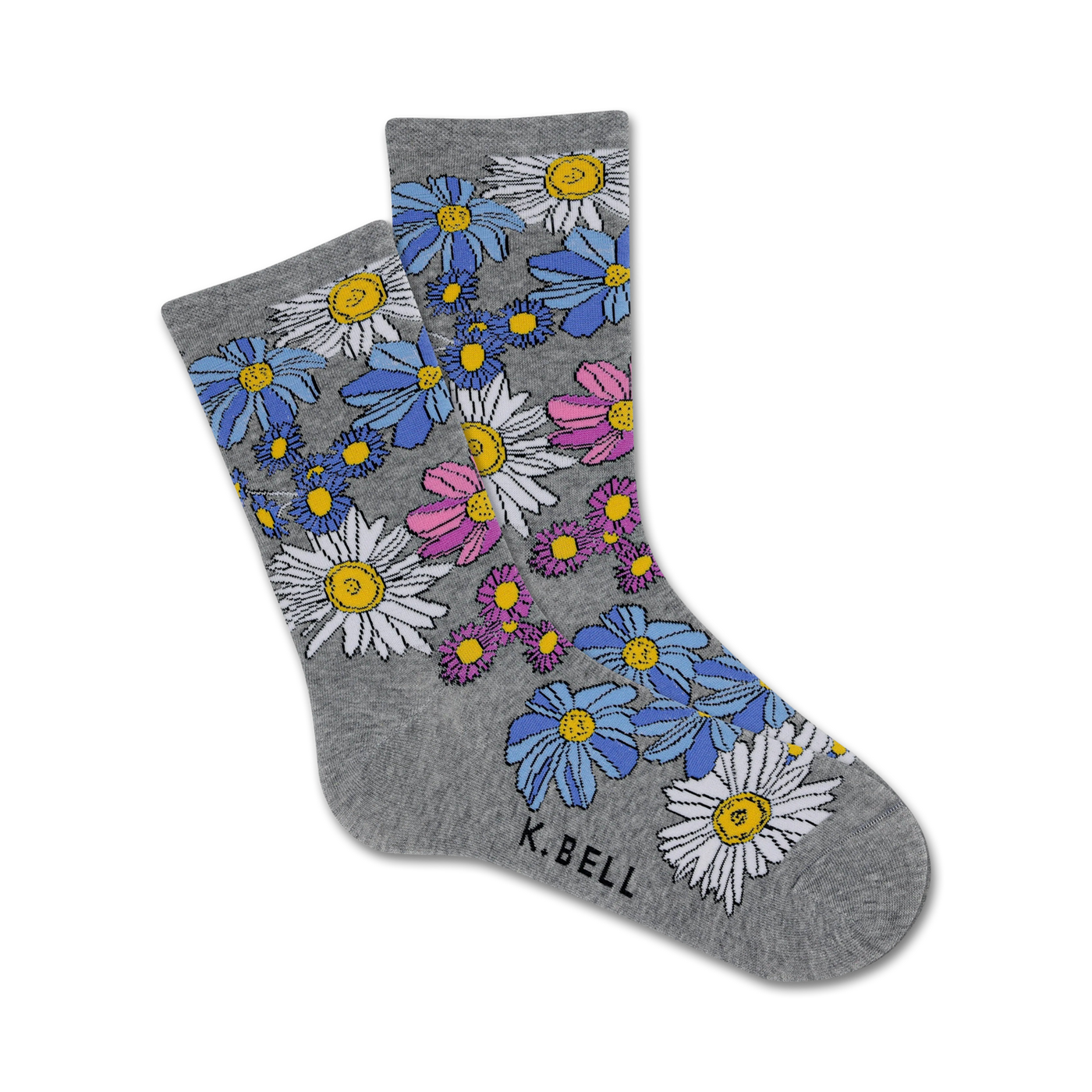 Pair of grey crew socks with a scattered daisy print in pink, blue, and white.  'K.BELL' logo on the ankle.