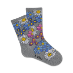 Pair of grey crew socks with a scattered daisy print in pink, blue, and white.  'K.BELL' logo on the ankle.
