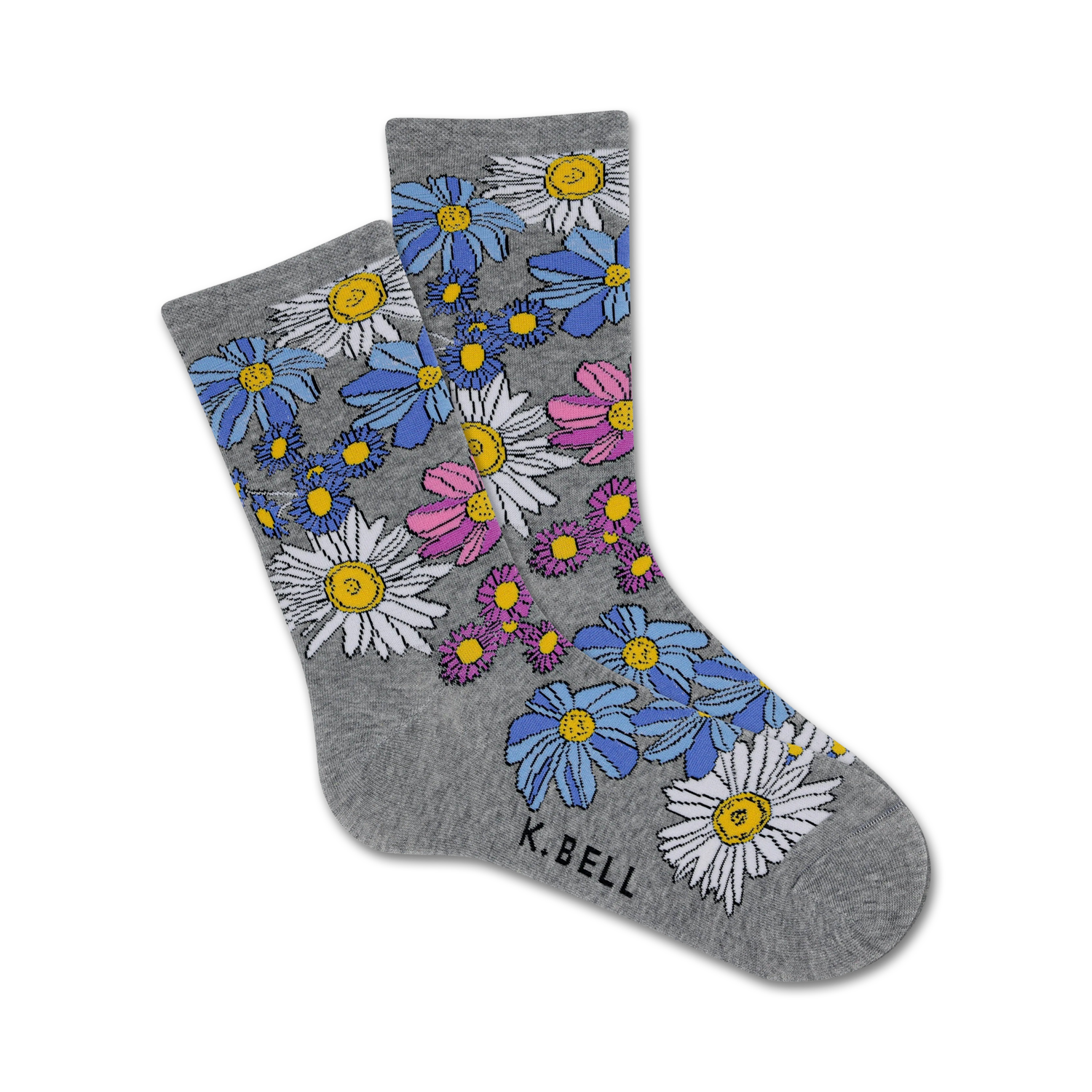 Pair of grey crew socks with a scattered daisy print in pink, blue, and white.  'K.BELL' logo on the ankle.