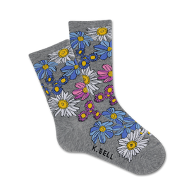 gray crew socks with colorful flower pattern (blue, white, yellow, pink) for women. springtime floral theme.  