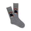 Pair of grey crew socks featuring illustrated beagles wearing sunglasses. Dogs are primarily black, brown, and white.