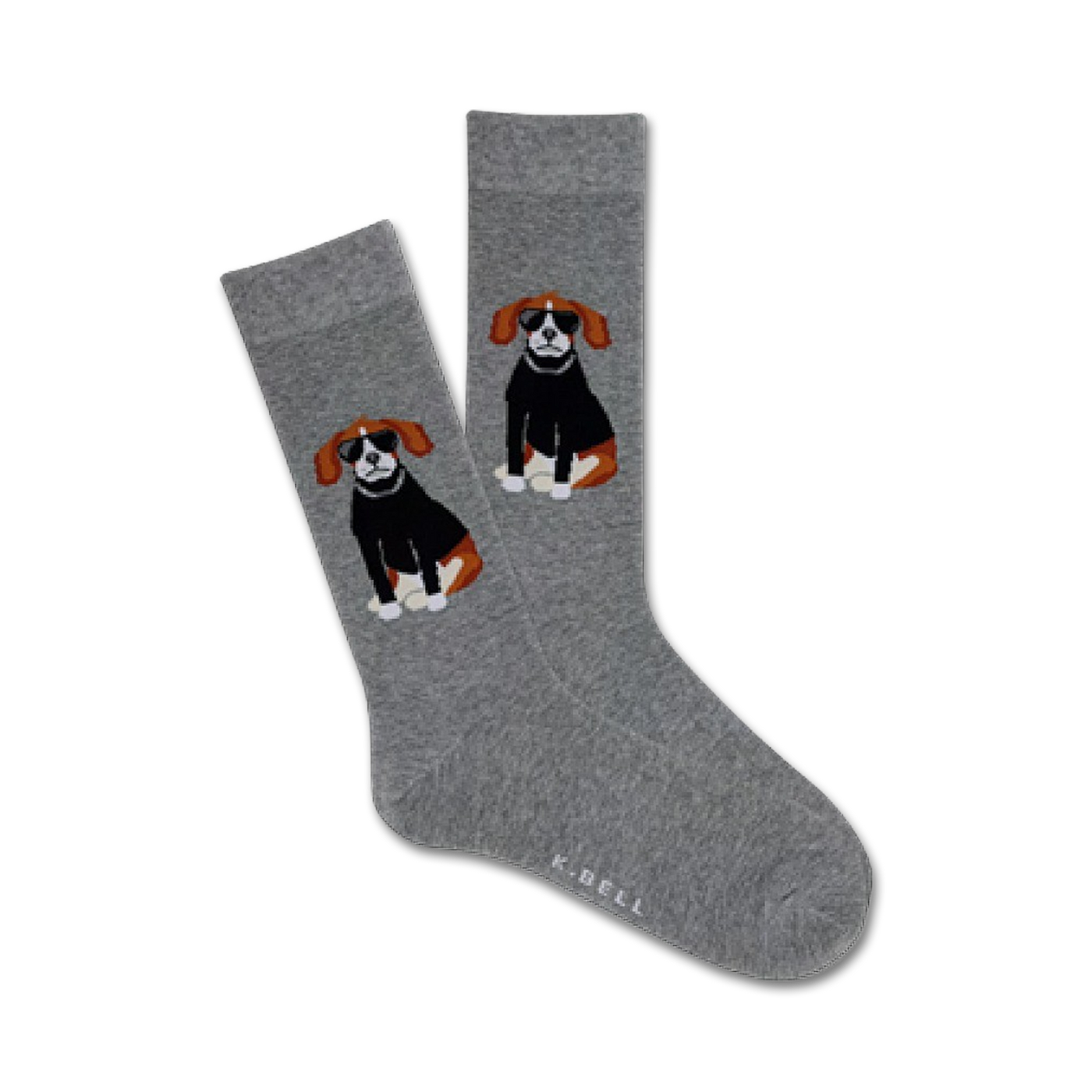 Pair of grey crew socks featuring illustrated beagles wearing sunglasses. Dogs are primarily black, brown, and white.