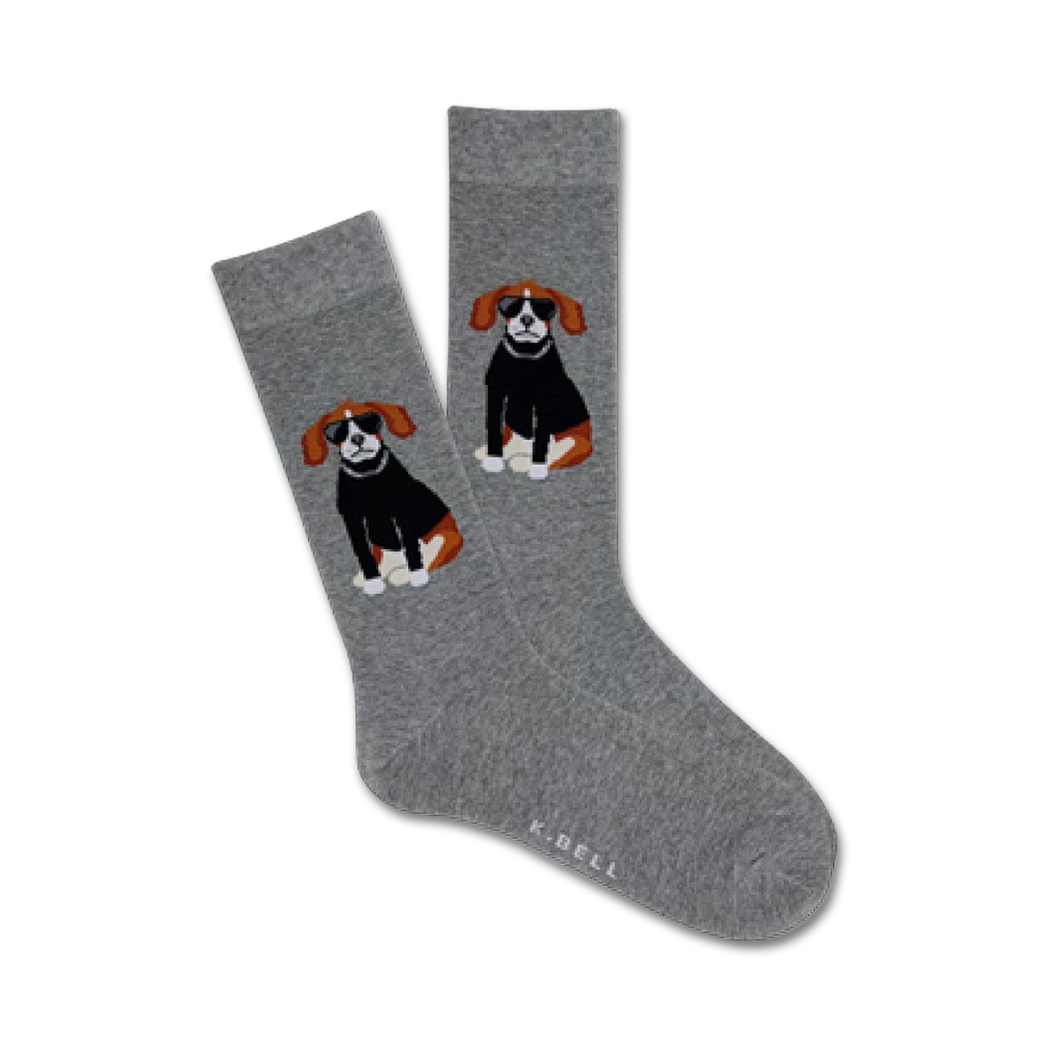 Pair of grey crew socks featuring illustrated beagles wearing sunglasses. Dogs are primarily black, brown, and white.