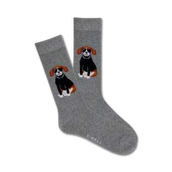 cool dawg gray crew socks feature a pattern of cartoon dogs wearing black shirts and sunglasses.  