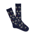 A pair of navy blue crew socks with a fun tennis theme. The socks are covered in yellow tennis rackets and green tennis balls.