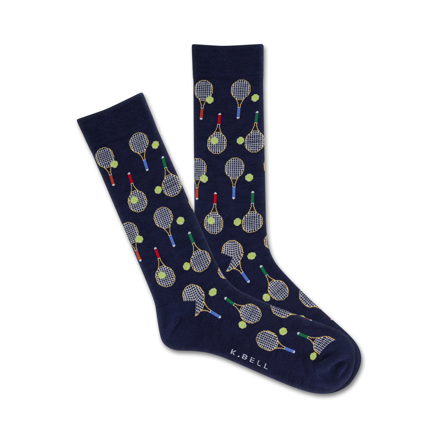 A pair of navy blue crew socks with a fun tennis theme. The socks are covered in yellow tennis rackets and green tennis balls.