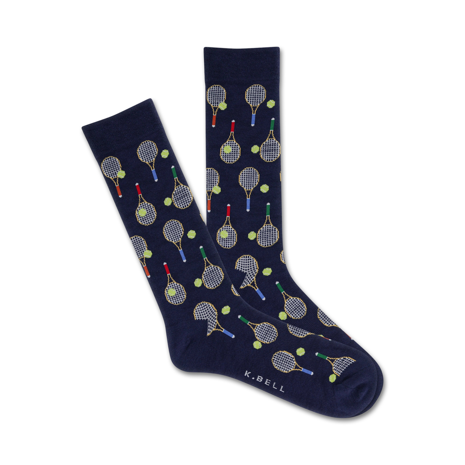 A pair of navy blue crew socks with a fun tennis theme. The socks are covered in yellow tennis rackets and green tennis balls.