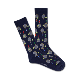 dark blue crew socks feature green, red, yellow, and white tennis balls and brown and white tennis rackets.   