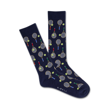 dark blue crew socks feature green, red, yellow, and white tennis balls and brown and white tennis rackets.   