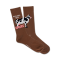 Brown crew socks with a whimsical illustration of a black and white cow and the text 'Plays well with udders.'