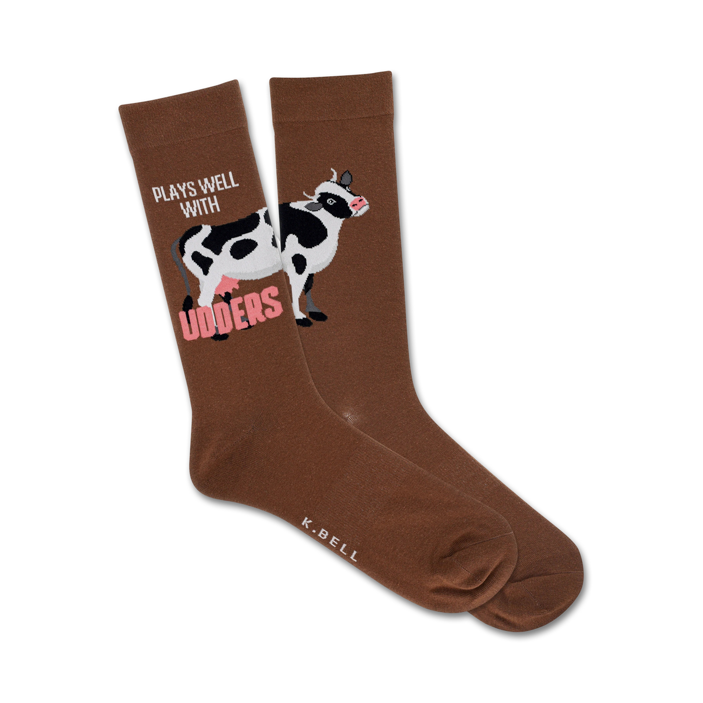 Brown crew socks with a whimsical illustration of a black and white cow and the text 'Plays well with udders.'